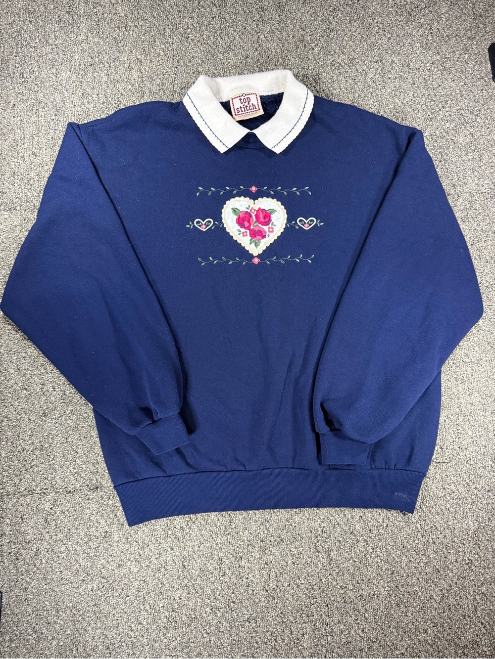 Top Stitch Navy Crewneck Sweater with Floral Heart Embroidery